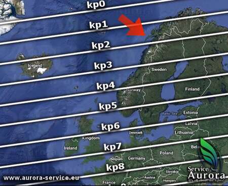 Above shows the Kp value for Norway, with the red arrow pointing to Lofoten, above the Arctic Circle. 