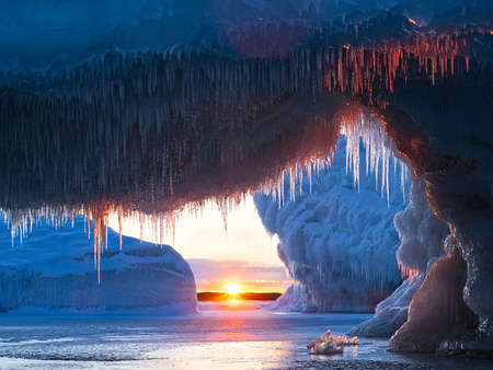 Sunrise from icy cave
